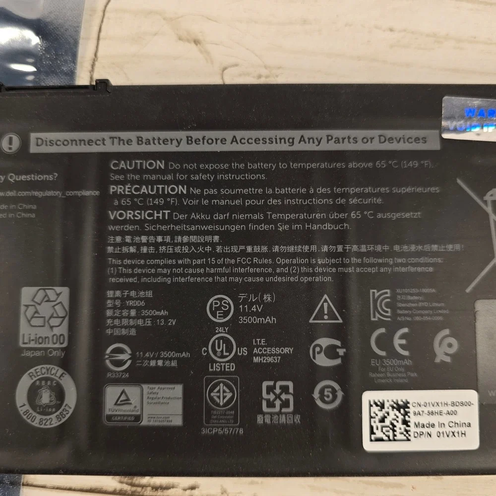 Dell 42Wh 11.4V Laptop Battery Type YRDD6 01VX1H‎ 3500mAh Li-ion Rechargeable